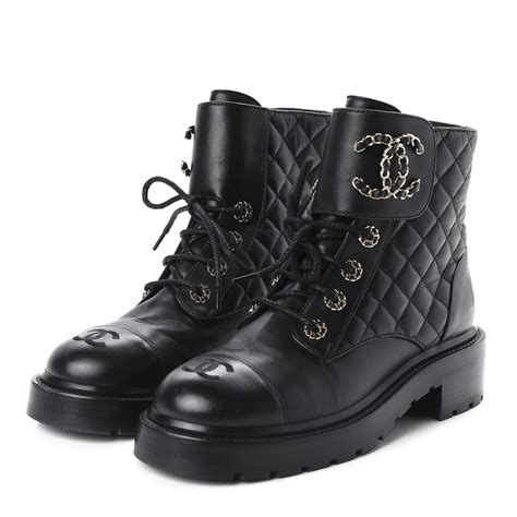 CHANEL Shiny Calfskin Quilted Lace Up Combat Boots 39.5 